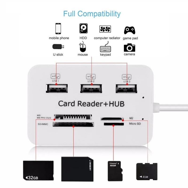 3 Port Usb 7 in 1 Ms Sd M2 Tf bellek kart okuyucu
